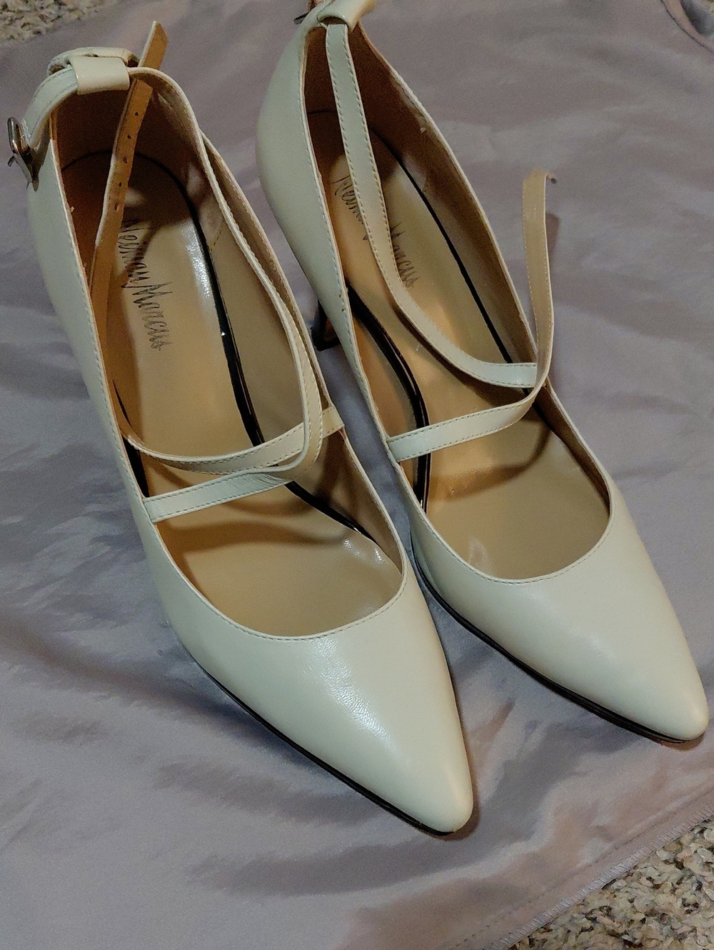 Neiman Marcus Cream Pointed Mary Jane Ankle-Strap Heels